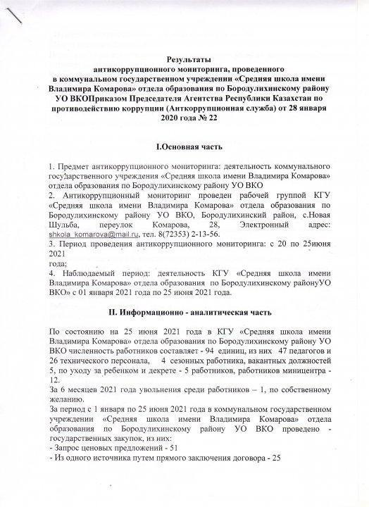 Результаты антикоррупционного мониторинга , проведенного в КГУ " СШ имени Владимира Комарова" отдела образования по Бородулихинскому району УО ВКО Приказом Председателя Агенства Республики Казахстан по противодействию коррупции